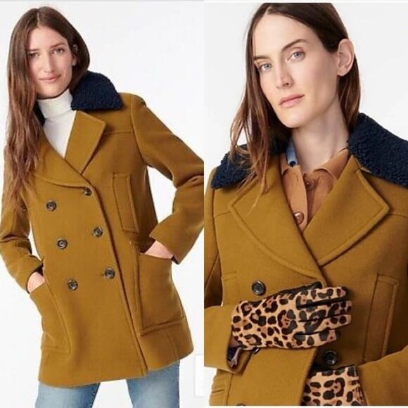 J. Crew Tan Brown Fall 2010 Ready to Wear Shearling Collar Wool Peacoat size 4 - Picture 1 of 10